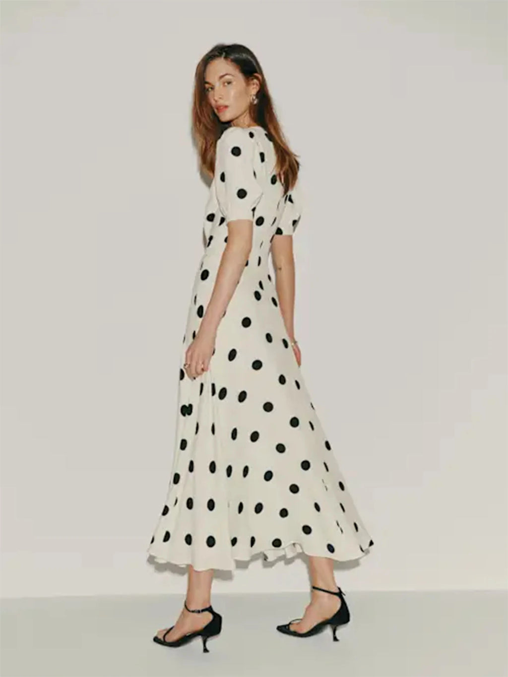 Women Ivory Black Polka Dot Puff Sleeve Deep V Neck Maxi Dress Formal Party Evening Elegant Outfit
