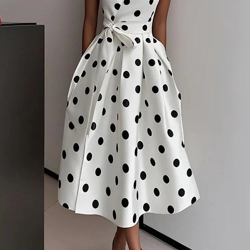 Elegant Polka Dot Printed Midi Dress For Women Vintage Sleeveless With Belt Formal Office Ladies Wedding Party Fashion Dresses