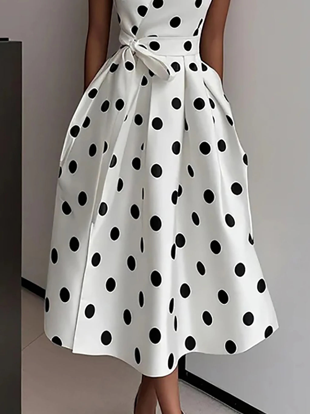 Elegant Polka Dot Printed Midi Dress For Women Vintage Sleeveless With Belt Formal Office Ladies Wedding Party Fashion Dresses