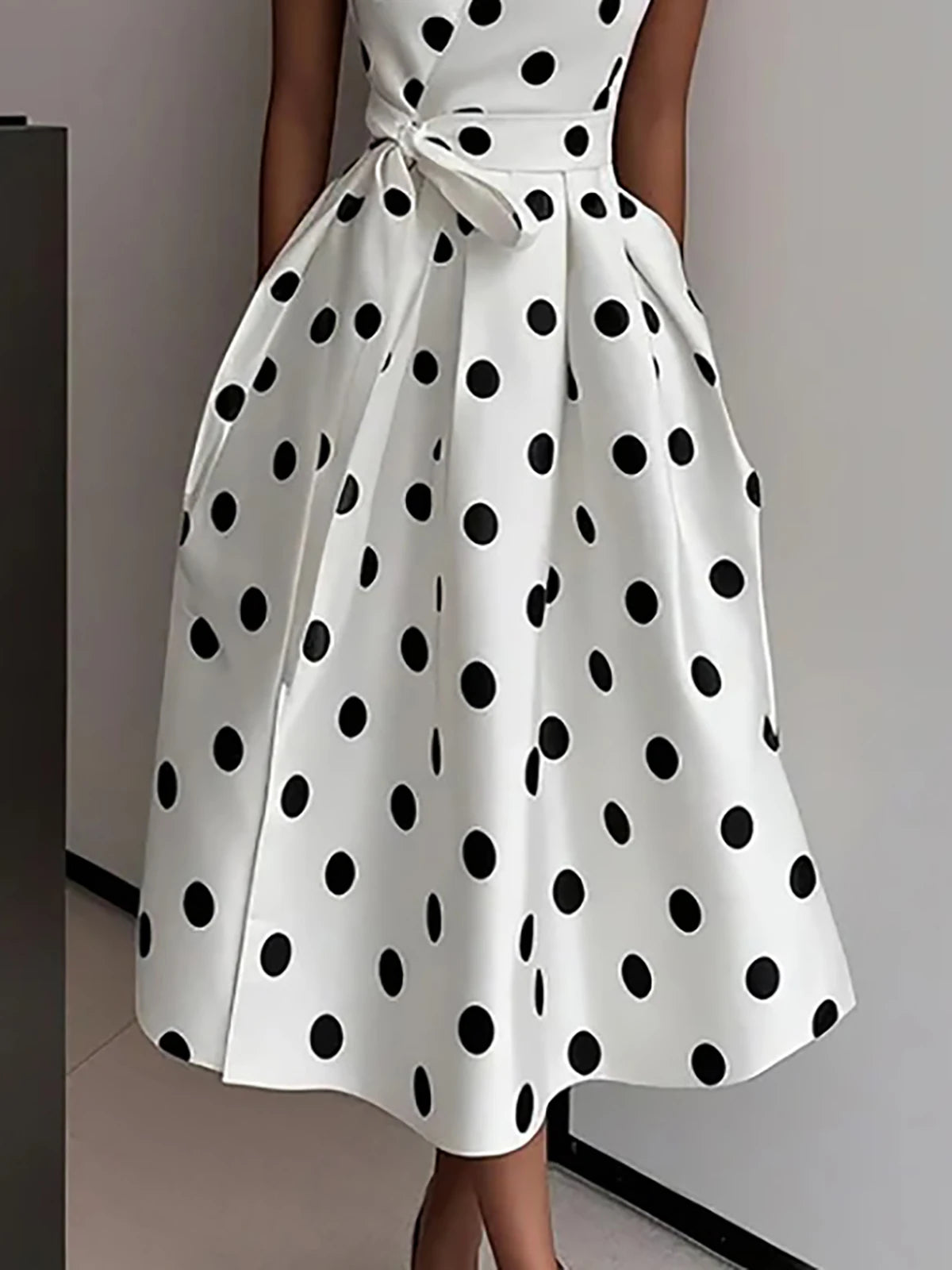 Elegant Polka Dot Printed Midi Dress For Women Vintage Sleeveless With Belt Formal Office Ladies Wedding Party Fashion Dresses