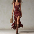 2026 New Women's Bohemian Retro Ruffled Sleeveless Strap High-Split Dress