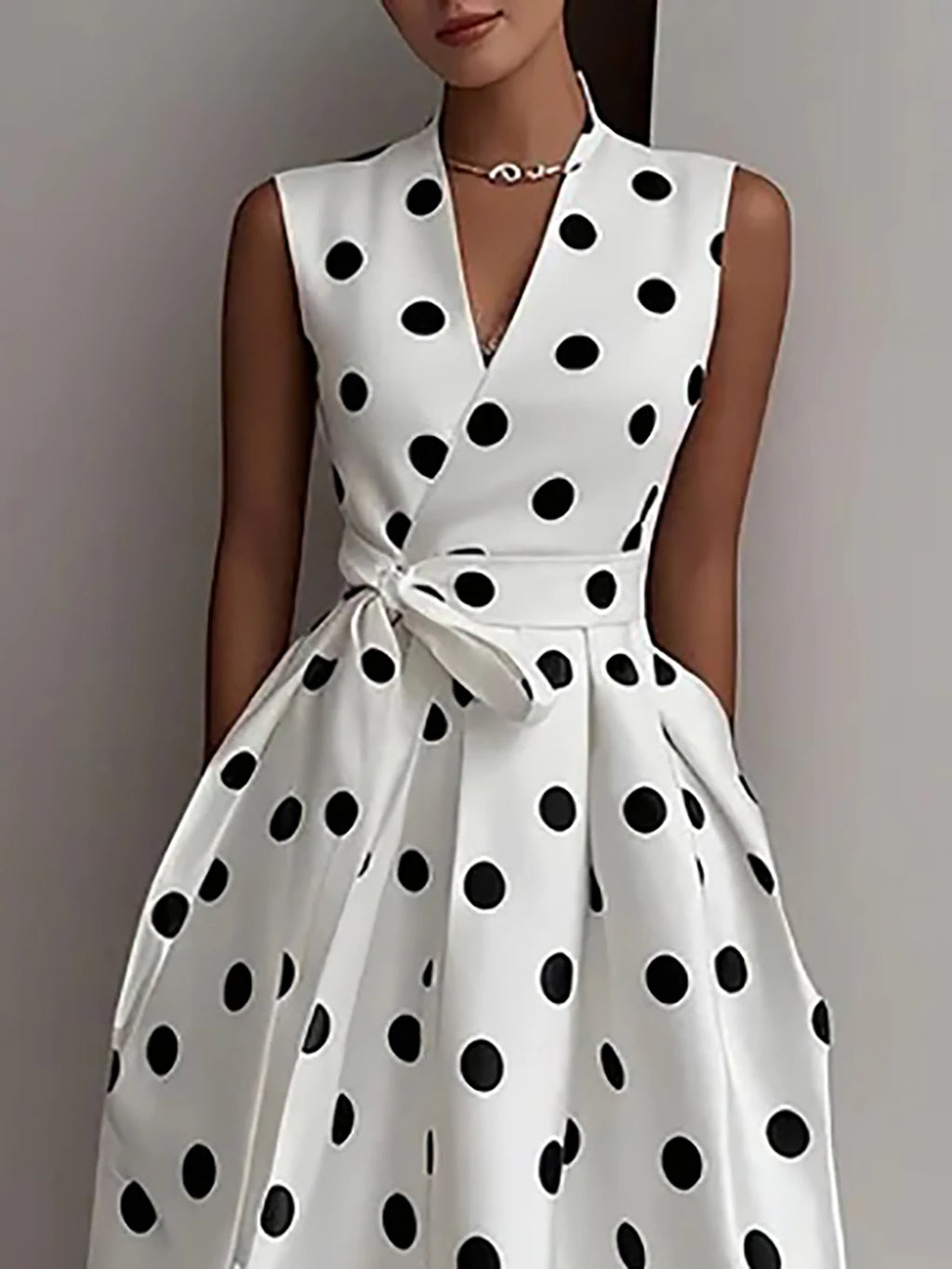 Elegant Polka Dot Printed Midi Dress For Women Vintage Sleeveless With Belt Formal Office Ladies Wedding Party Fashion Dresses