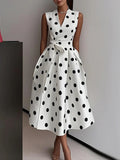 Elegant Polka Dot Printed Midi Dress For Women Vintage Sleeveless With Belt Formal Office Ladies Wedding Party Fashion Dresses