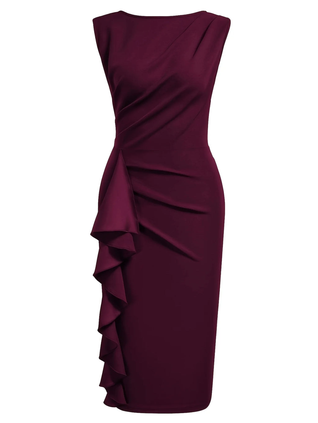 Women Elegant Round Neck Sleeveless Vintage Slim Work Office Cocktail Party Business Ruffle Casual Sheath Bodycon Pencil Dress