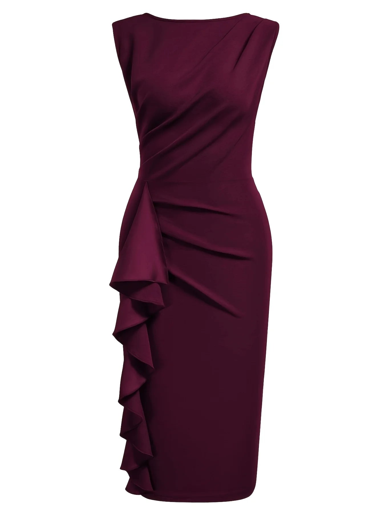 Women Elegant Round Neck Sleeveless Vintage Slim Work Office Cocktail Party Business Ruffle Casual Sheath Bodycon Pencil Dress