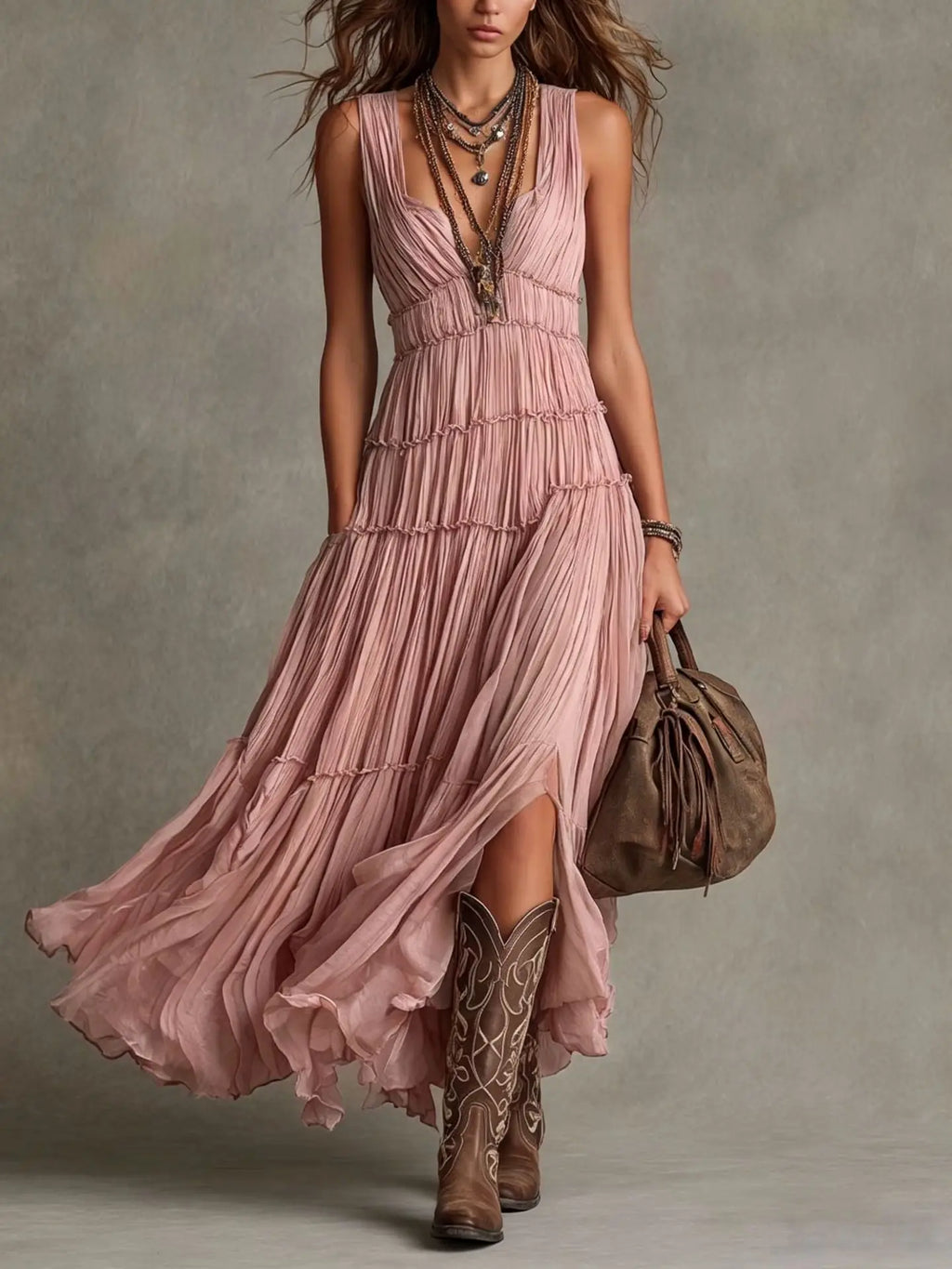 Women's Boho Green Tiered Maxi Dress Sleeveless V-Neck Pleated Flowy Dress Vintage Inspired Chic Boho Maxi Dress for Women