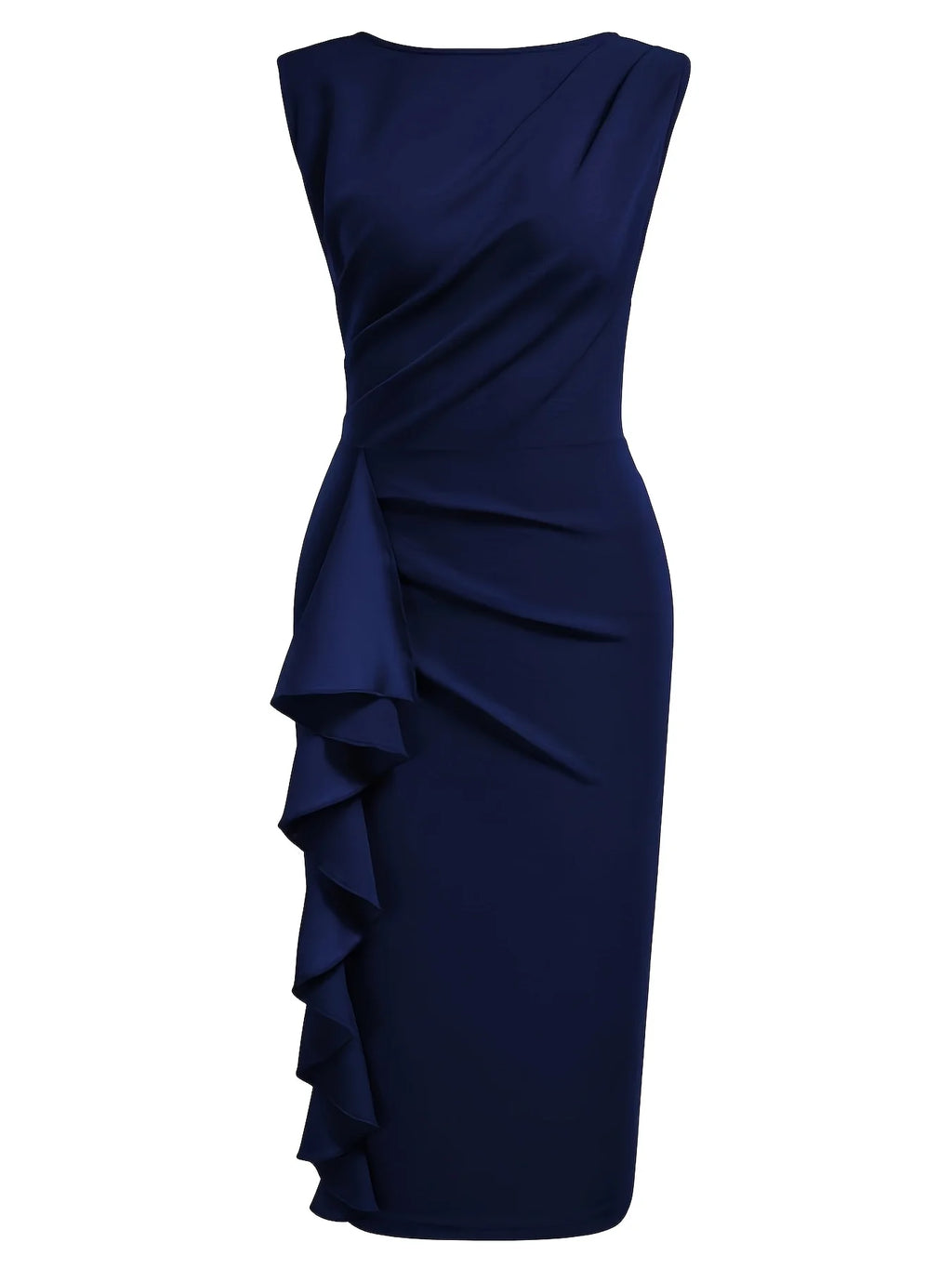 Women Elegant Round Neck Sleeveless Vintage Slim Work Office Cocktail Party Business Ruffle Casual Sheath Bodycon Pencil Dress