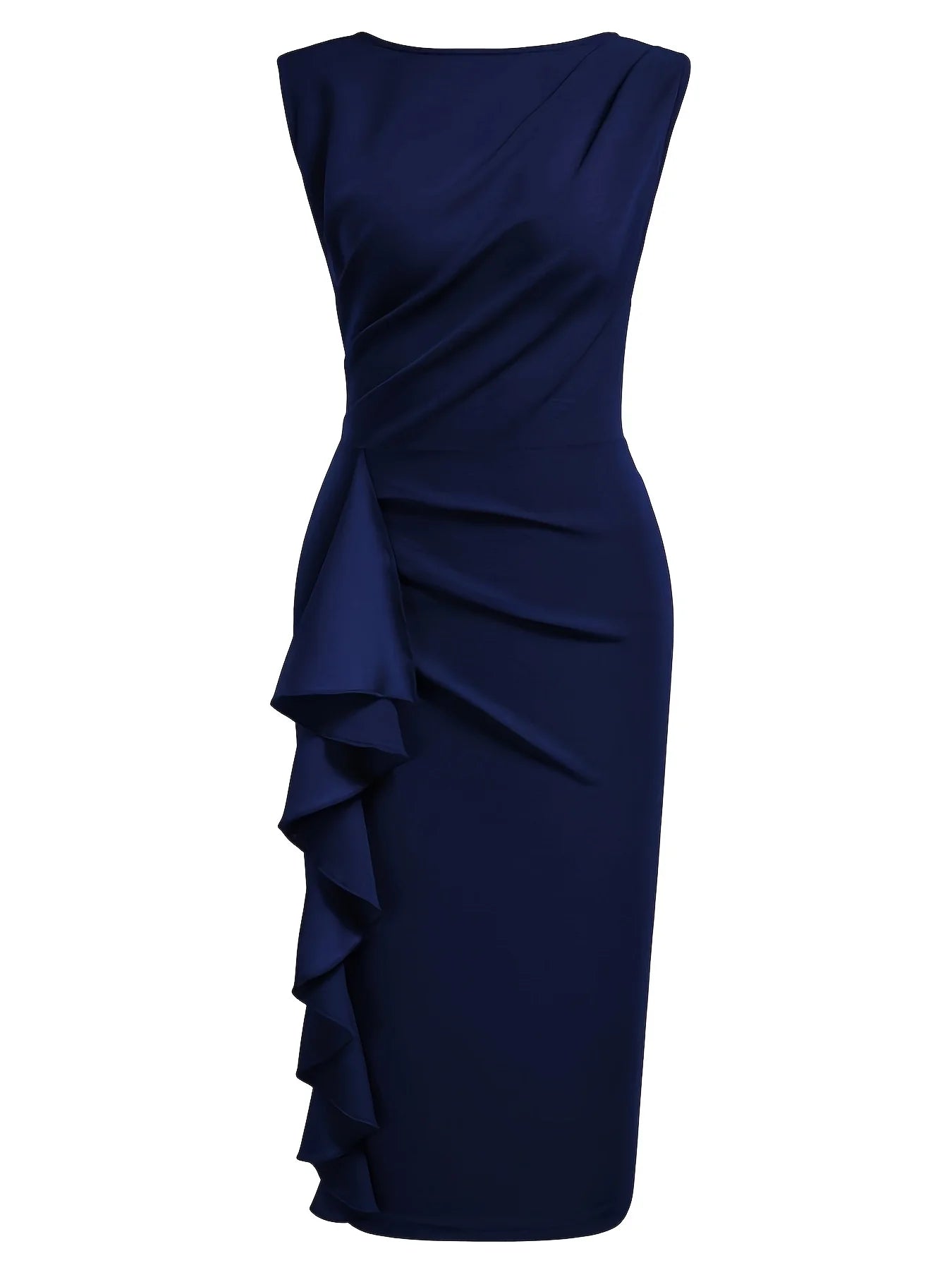 Women Elegant Round Neck Sleeveless Vintage Slim Work Office Cocktail Party Business Ruffle Casual Sheath Bodycon Pencil Dress