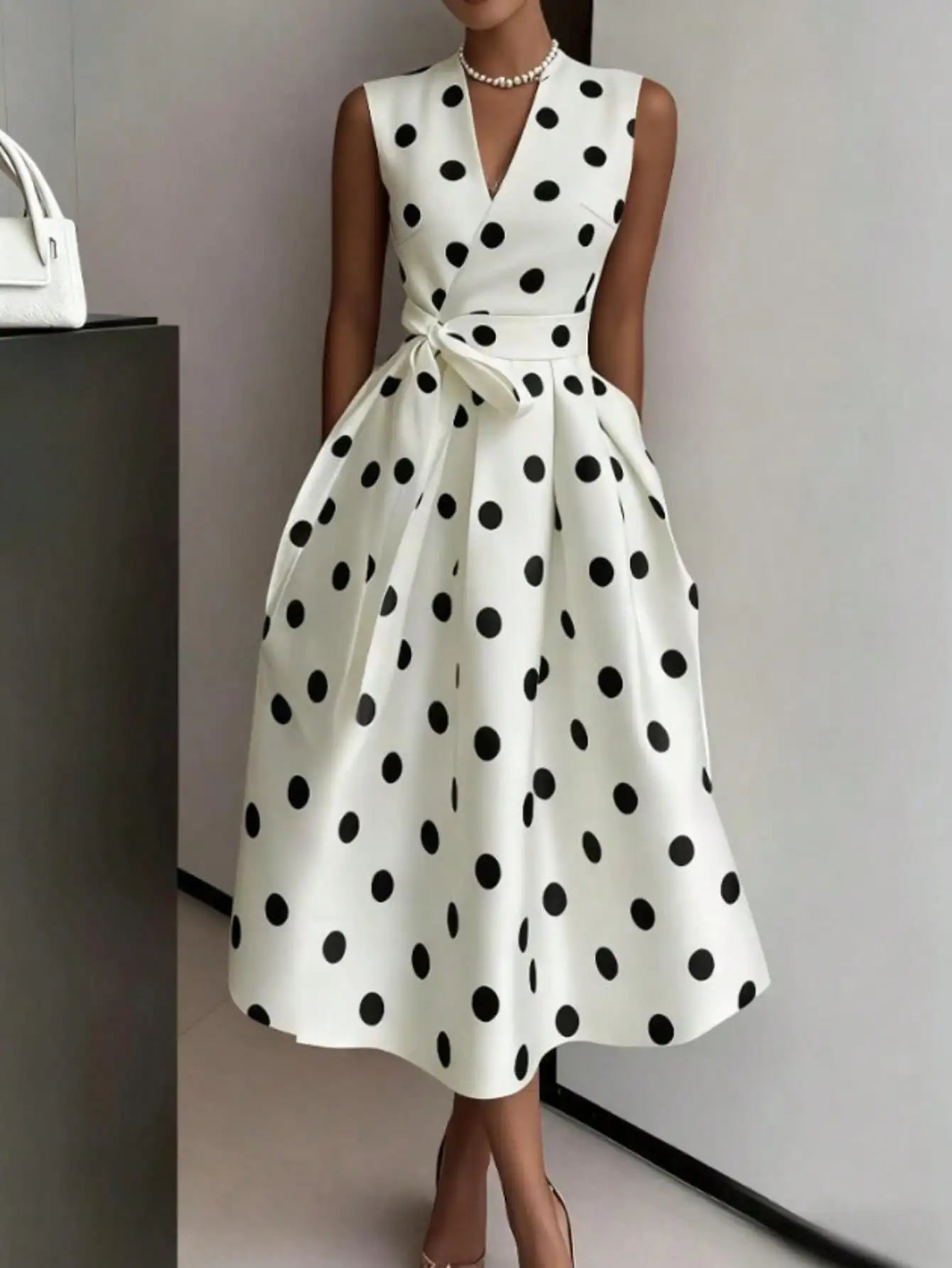 Women's Polka Dot Wrap Dress – V-Neck, Sleeveless & Waist Tie