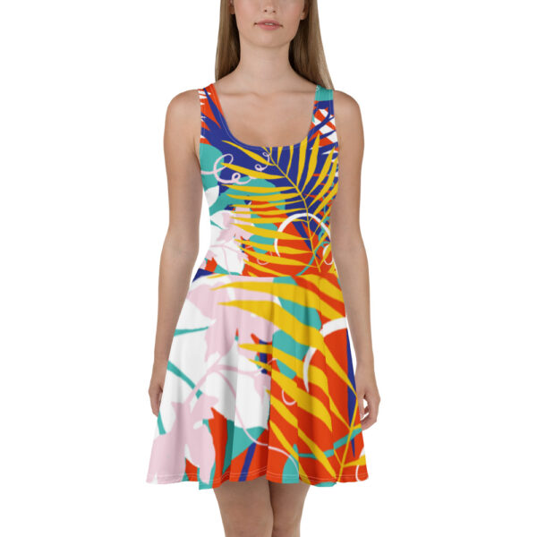 Vibrant Tropical Leaf Print Skater Dress - Multi-Color Summer Dress
